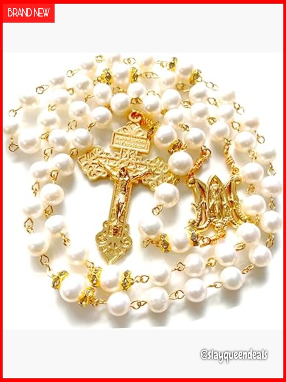 Gold AAA 8-9mm Pearl Rosary Cross Necklace Catholic Gift